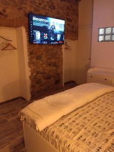 a bedroom with a bed with a television on a brick wall at la stanza di Robi in Rio Marina