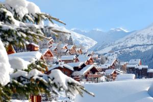 a town covered in snow on a mountain at Hotel Le Tremplin in Méribel