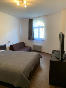 ein Schlafzimmer mit einem Bett, einem Sofa und einem TV in der Unterkunft Apartmán SOŇA in Tale