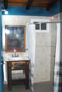 a bathroom with a sink and a mirror and a shower at Cabanas en el Jardin Nativo in San Francisco del Monte de Oro