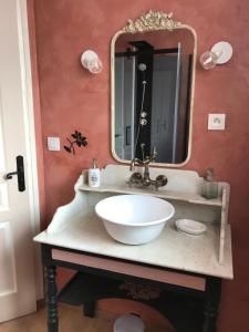 a bathroom with a sink and a large mirror at "La chambre des TISSERANDS" in Ménil-Hubert-sur-Orne