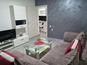 sala de estar con sofá y TV en Family Apartmani Le, en Leskovac