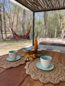 une table en bois avec trois tasses et des soucoupes, dans l'établissement Best Logde Valle de Uco , Mendoza .Casa Calma, à Vista Flores