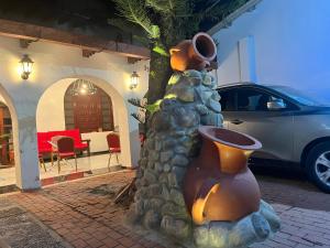 Hotel Lider في سانتا كروز دي لا سيرا: تمثال من مزهرية الجلوس بجوار منزل