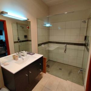 W łazience znajduje się umywalka i prysznic. w obiekcie Camcott Farm w mieście Masterton