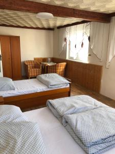 a room with three beds and a table and a window at Potůčky 67 in Potŭčky