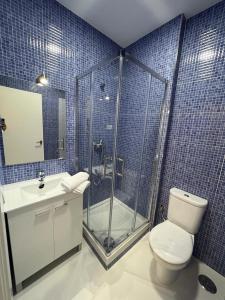 a bathroom with a shower and a toilet and a sink at Hospedaje Puente de Vallecas in Madrid