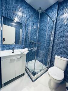 a blue tiled bathroom with a toilet and a shower at Hospedaje Puente de Vallecas in Madrid
