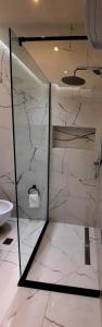baño con paredes de mármol blanco y aseo en LUXURY DRIJON APARTMENTS 3j en Shkodër