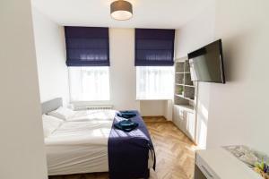 HOT SPOT Vilnius Apartments! في فيلنيوس: غرفة نوم صغيرة بها سرير وتلفزيون