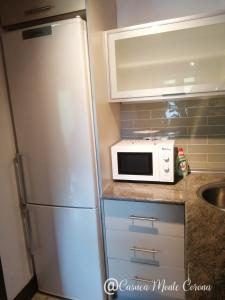 eine Küche mit einem weißen Kühlschrank und einer Mikrowelle in der Unterkunft Casa con encanto en La Hayuela, situada a 5 min de Comillas in Udias
