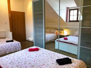 a bedroom with two beds and a mirror at Apartman Masne kramy in Třeboň