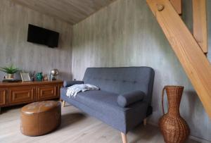 ein Wohnzimmer mit einem blauen Sofa und einem TV in der Unterkunft Mountain cottage in Parád