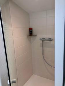 La salle de bains est pourvue d'une douche avec une porte en verre. dans l'établissement T2 en duplex & terrasse, à Saint-Priest