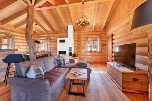 a living room with a couch and a tv at Lederer Chalets in Bodenmais