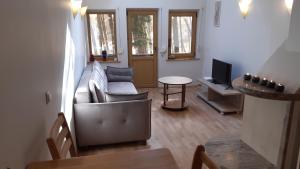 a living room with a couch and a television at Kotedžas-Irena in Nida