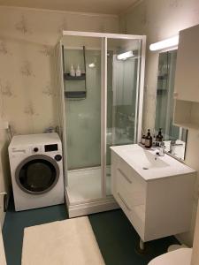 ein Badezimmer mit einer Waschmaschine und einem Waschbecken in der Unterkunft Big central house, free parking, wifi, 3 bedrooms in Narvik