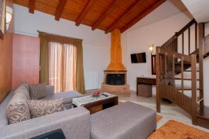 a living room with a couch and a fireplace at Ahilion Hotel in Kalavrita