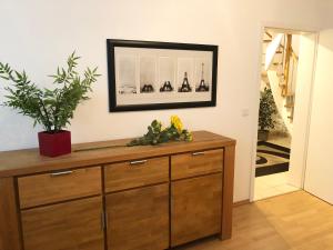 Vestidor de madera en una habitación con espejo en Stadtwohnung am Oertelplatz, en Múnich