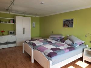 a bedroom with a large bed with green walls at FeWo Marionette Hirschberg Lahn in Hirschberg