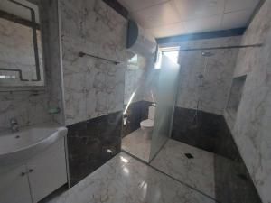 een badkamer met een douche, een wastafel en een toilet bij Владимировата къща in Kalofer
