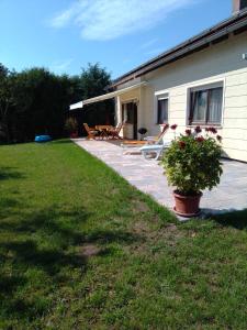 een achtertuin met een patio en een huis bij Ferienhaus Frankenhöhe in Diebach
