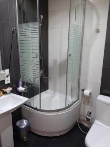 a bathroom with a shower and a tub and a toilet at Hotel Tbiliseli in Tbilisi City