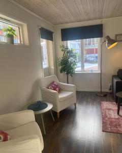 a living room with a couch and a chair and two windows at Gårdshuset mitt i centrala Gävle in Gävle
