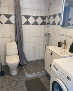 Gårdshuset mitt i centrala Gävle في جافل: حمام مع مرحاض وغسالة