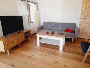 ein Wohnzimmer mit einem Sofa und einem Tisch mit einem TV in der Unterkunft Hof Ruemland Ferienwohnungen in Hollingstedt