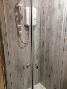 a shower with a glass door in a bathroom at Heated Supersize Glamping Pod with ensuite bathroom, Wilburton, Nr Ely, Cambs in Wilburton