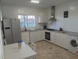 a kitchen with a refrigerator and a table and a sink at Casa Selene in El Puerto de Santa María