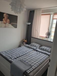 a bedroom with a bed and a mirror at Apartament Przy Ratuszu in Malbork