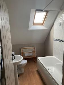 a bathroom with a sink toilet and a skylight at Farriers Cottage in Grantham