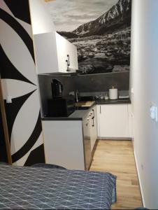 a kitchen with white cabinets and a black and white wall at Luna in Poronin