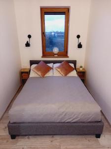 a bed in a room with a window at Apartament PLUS 22 C in Sarbinowo