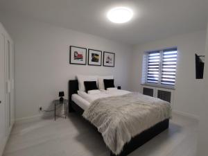 - une chambre avec un grand lit et une fenêtre dans l'établissement Apartament Wrocław Borowska, à Wrocław