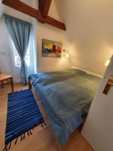 Sauerthal的住宿－Am Burggraben auf der Sauerburg，一间卧室配有一张带蓝色毯子的大床