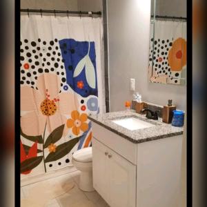 a bathroom with a toilet and a shower curtain at Spacious Atlanta 2Bedroom/ 2Full Baths Renovated in Atlanta