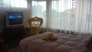 Schlafzimmer mit einem Bett, einem TV und einem Stuhl in der Unterkunft Cabañas Cafayate II in Cafayate
