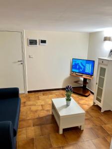 un soggiorno con divano e TV di MINI COCCOLA a Ugento
