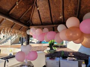 a bunch of pink balloons hanging from a ceiling at Casa A Boleriña 2 in Combarro