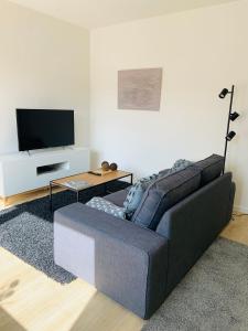 uma sala de estar com um sofá e uma televisão em Wohnung Skandi-Home ruhige Lage NEU - Düsseldorf Nord em Dusseldorf