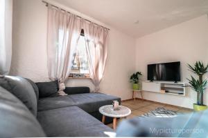 a living room with a couch and a tv at Ferienwohnung Elsa in Nideggen