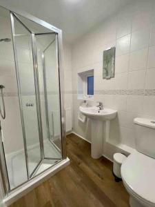 a bathroom with a shower and a sink and a toilet at The Nook, Morpeth Town in Morpeth
