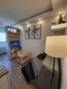 a living room with a couch and a television at Apartment Piccolo Ada in Belgrade