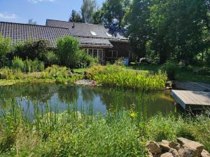 a garden with a pond in front of a building at Suite Vorderrhön Anní in Unsleben