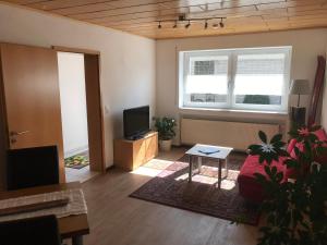 a living room with a couch and a tv at Oxtown City Apartment in Ochsenhausen