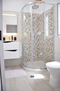a bathroom with a shower and a toilet at Casinha da Esquina in Amieira +25 photos