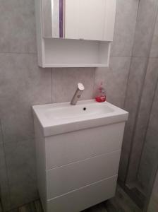 a bathroom with a white sink and a mirror at Studio type T1 avec parking et cave à 600 m de la plage in Fréjus